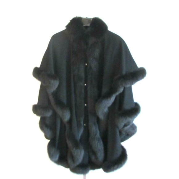 Designer Bloomingdales Black Wool & Fox Fur Trim Snap Front Cape Coat M/L - Picture 7 of 9
